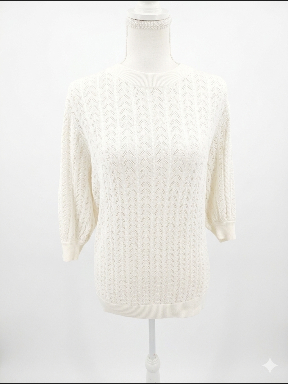 Tahari Ivory Openwork Knit Crewneck Sweater Large